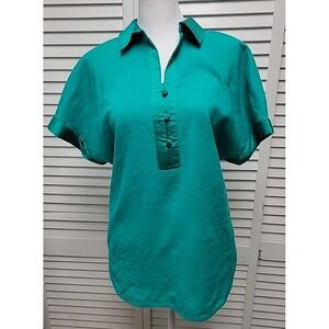 CHICO'S Tropical Jade Linen Blend Popover Top Size 1 US Size 8/10 Short Sleeve